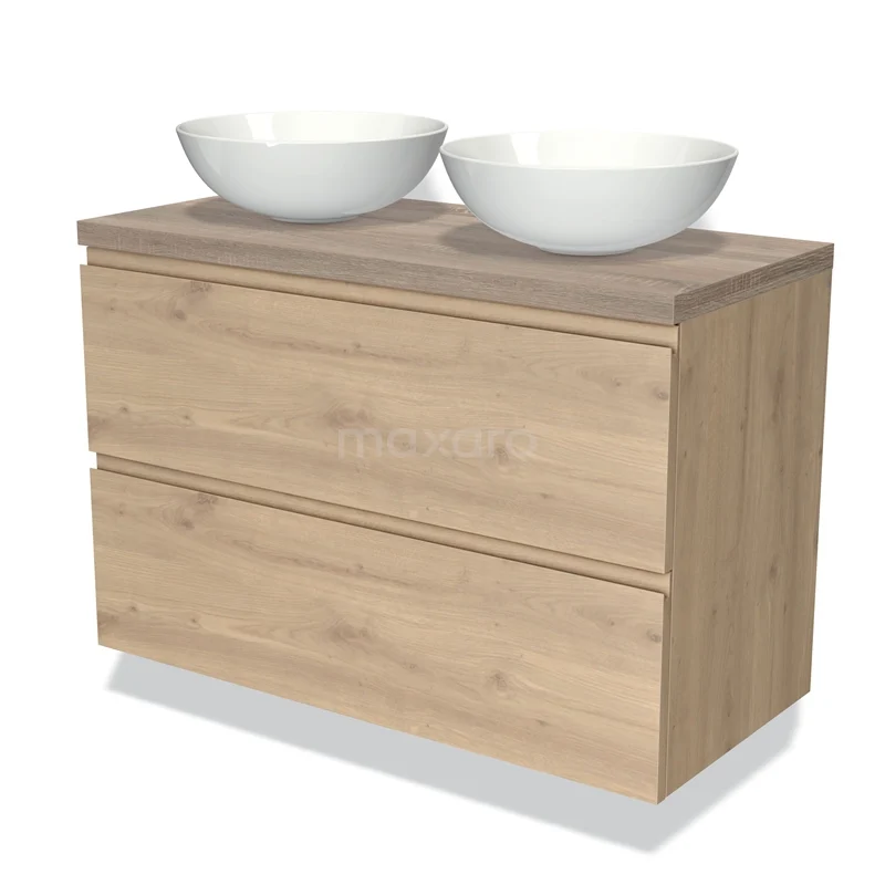 Houten badkamermeubel met twee witte ronde waskommen, modern design en soft-close lades.