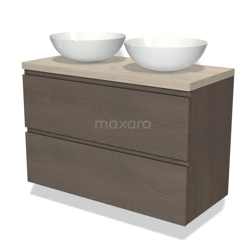 Modulo Plato Vanity units for countertop basin | 100 cm Dark brown oak Handle-less front Light grey oak worktop 2 Stacked drawers BMK17-01924