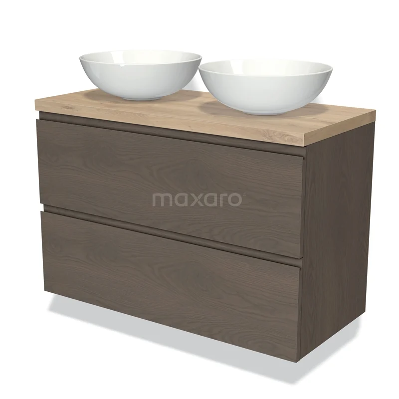 Modulo Plato Vanity units for countertop basin | 100 cm Dark brown oak Handle-less front Light brown oak worktop 2 Stacked drawers BMK17-01925