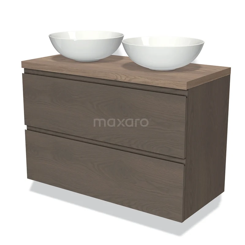 Modulo Plato Vanity units for countertop basin | 100 cm Dark brown oak Handle-less front Mid brown oak worktop 2 Stacked drawers BMK17-01926