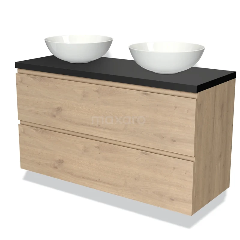 Wooden bathroom unit with black worktop and double round countertop wash basins, modern design, ideal for stylish bathrooms.
