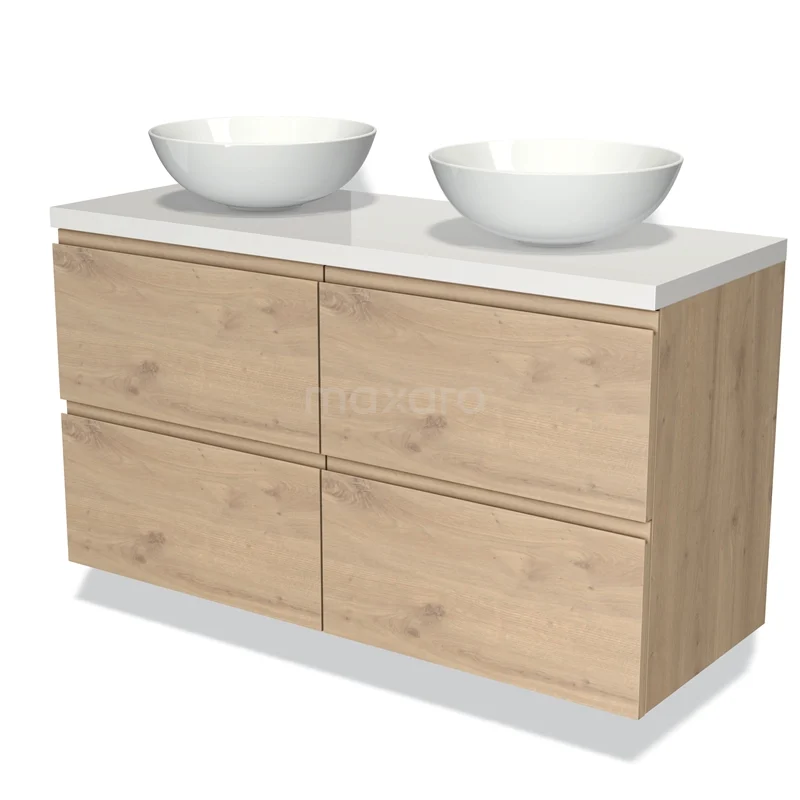 Badmöbel für Aufsatzwaschbecken 120cm Modulo Plato Hellbraune Eiche 4 Schubladen Grifflos Hochglanz Weiß Platte BMK18-01304 Holz Badezimmermöbel mit doppeltem Aufsatzwaschbecken, weißer Keramik und vier Schubladen, modernes Design für stilvolle Bäder.