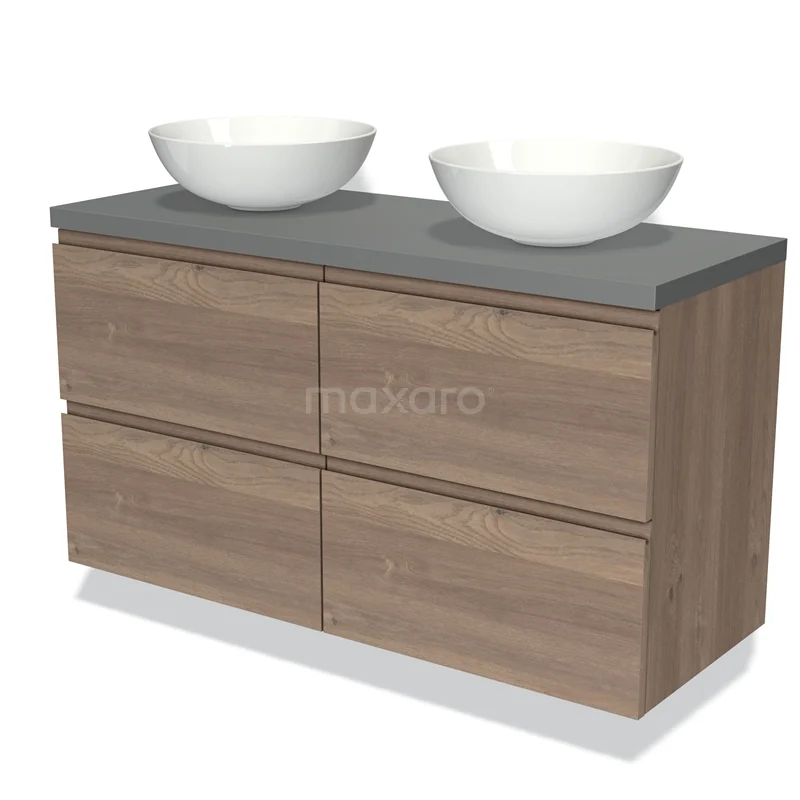 Wooden bathroom unit with four drawers, grey worktop and two white vanity units with basin. Modern design, ideal for stylish bathrooms.
