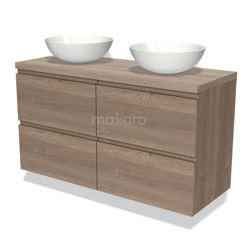 Houten badkamermeubel met dubbele witte waskommen, moderne vormgeving, ideaal voor stijlvolle en praktische badkamers.