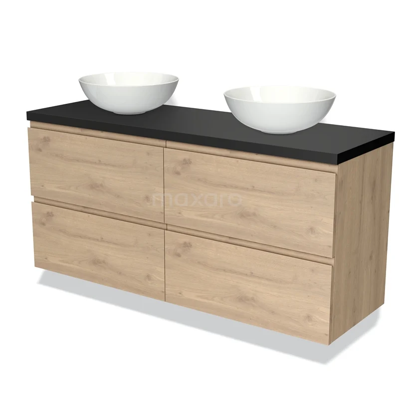 Houten badkamermeubel met dubbele keramische waskommen, zwart blad en 4 lades, ideaal voor moderne badkamerinrichting.
