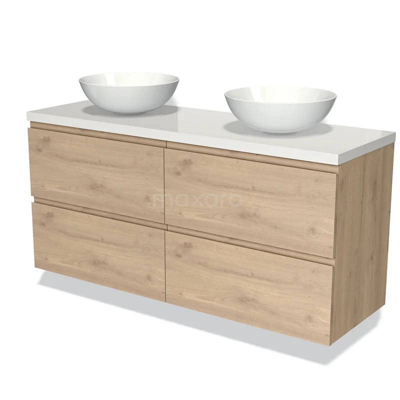 Houten badkamermeubel met dubbele witte waskom, modern design en vier ruime lades, ideaal voor badkameropslag.