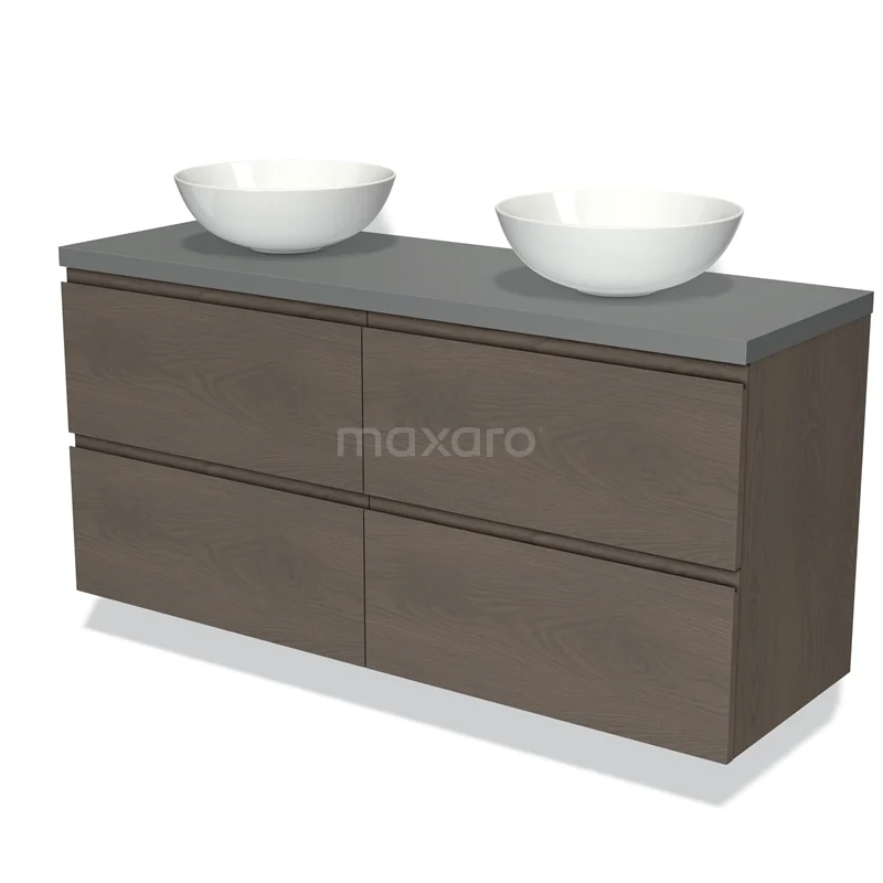 Modulo Plato Vanity units for countertop basin | 140 cm Dark brown oak Handle-less front Mid grey worktop 4 drawers BMK18-01373