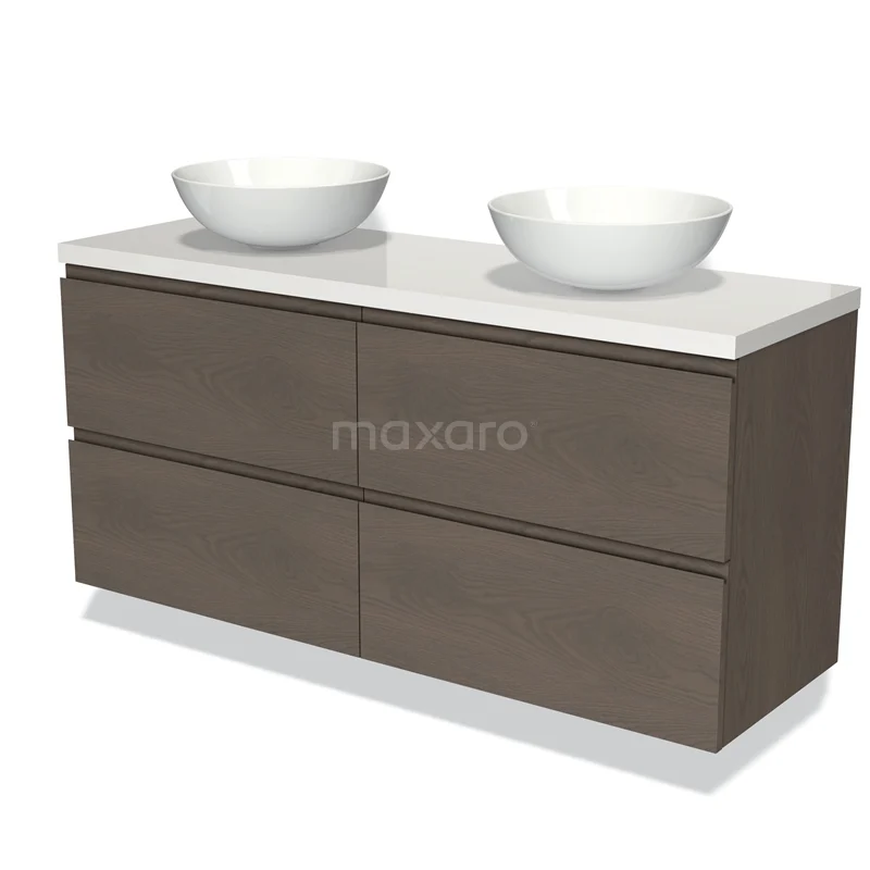 Modulo Plato Vanity units for countertop basin | 140 cm Dark brown oak Handle-less front High-gloss white worktop 4 drawers BMK18-01374