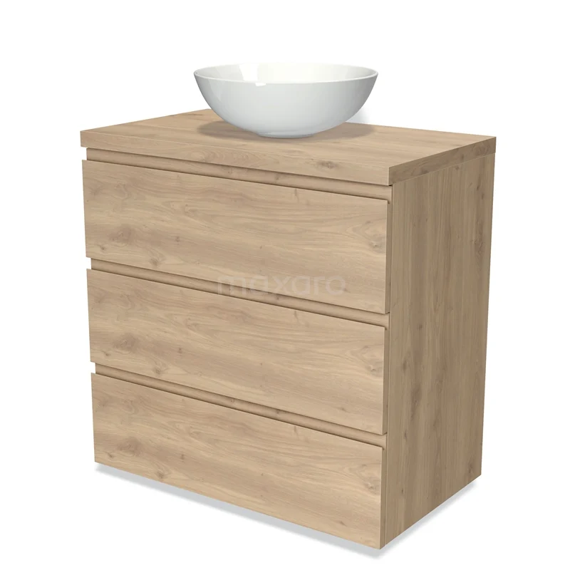 Modulo Plato Vanity units for countertop basin | 80 cm Light brown oak Handle-less front Light brown oak worktop 3 drawers BMK19-01353