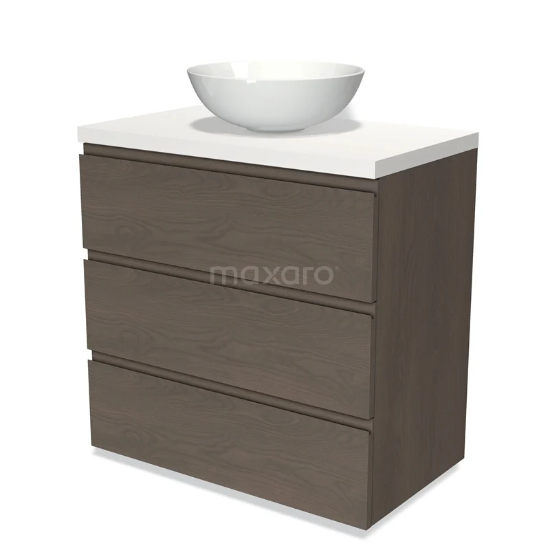 Modulo Plato Vanity units for countertop basin | 80 cm Dark brown oak Handle-less front Matte white worktop 3 drawers BMK19-01376
