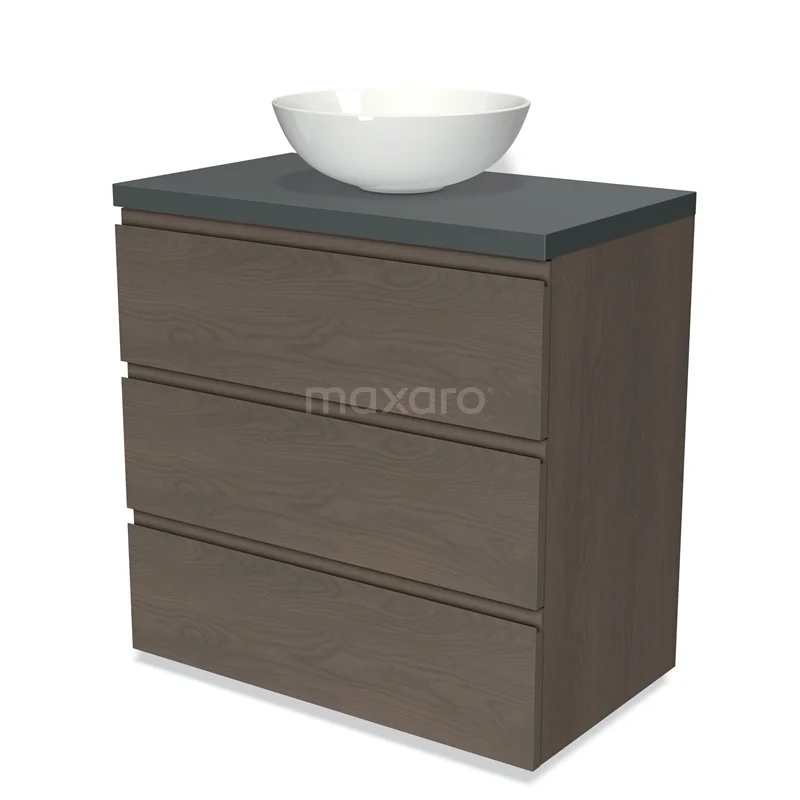 Modulo Plato Vanity units for countertop basin | 80 cm Dark brown oak Handle-less front Dark grey worktop 3 drawers BMK19-01377