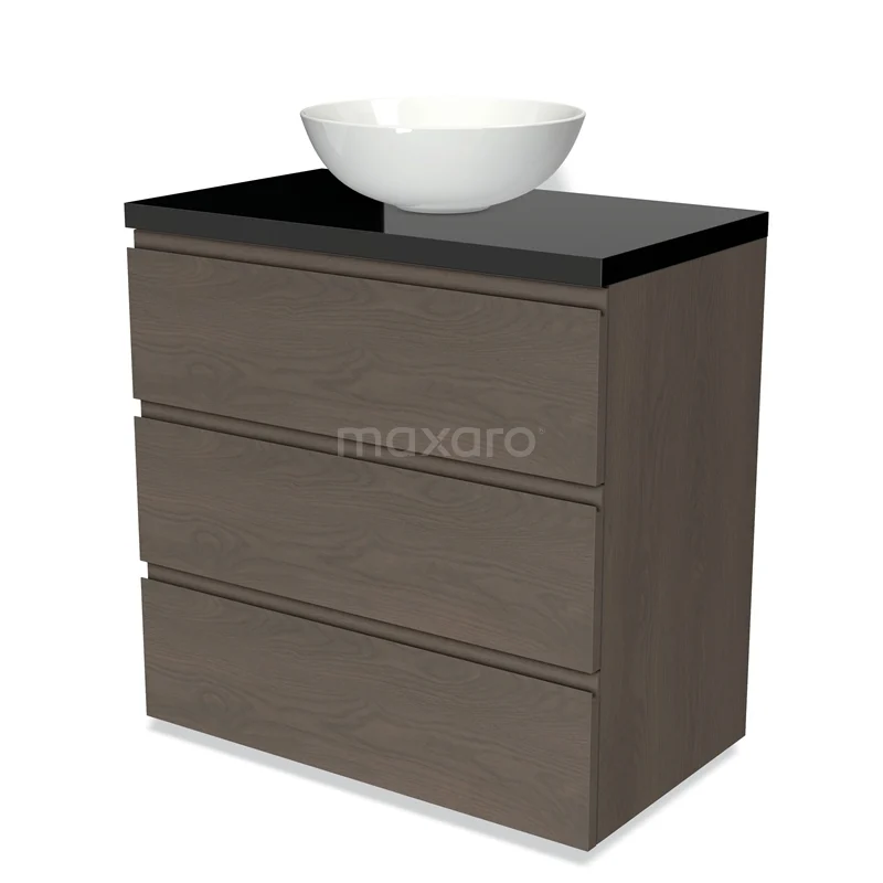 Modulo Plato Vanity units for countertop basin | 80 cm Dark brown oak Handle-less front High-gloss black worktop 3 drawers BMK19-01378