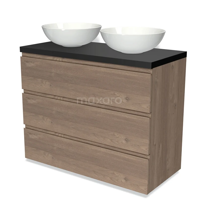 Modulo Plato Vanity units for countertop basin | 100 cm Mid brown oak Handle-less front Matte black worktop 3 drawers BMK19-01401
