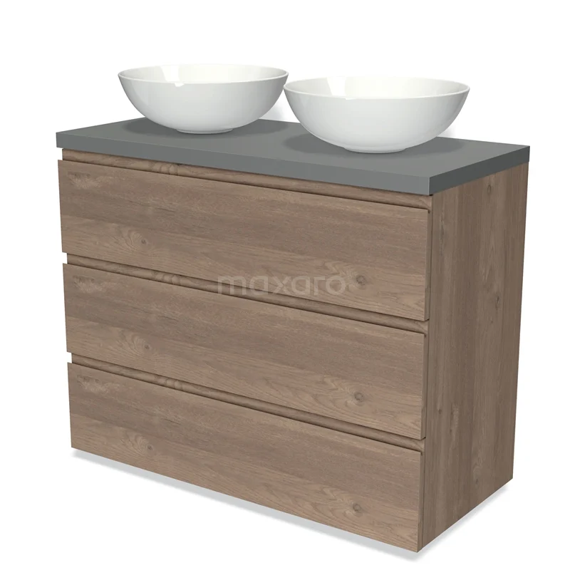 Modulo Plato Vanity units for countertop basin | 100 cm Mid brown oak Handle-less front Mid grey worktop 3 drawers BMK19-01402