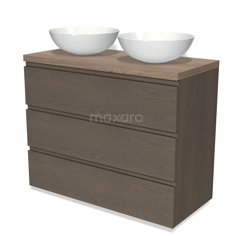 Badmöbel für Waschtischunterschrank mit Konsole 100cm Modulo Plato dunkelbraune Eiche 3 Schubladen grifflos mittelbraune Eiche Platte BMK19-01424 Holz-Badmöbel mit doppelten weißen Aufsatzwaschbecken und drei Schubladen, modernes Design ideal für stilvolle Badezimmergestaltung.