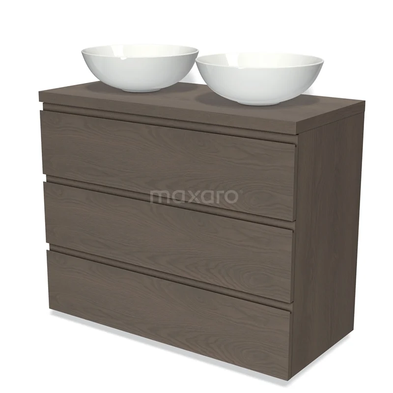 Modulo Plato Vanity units for countertop basin | 100 cm Dark brown oak Handle-less front Dark brown oak worktop 3 drawers BMK19-01425