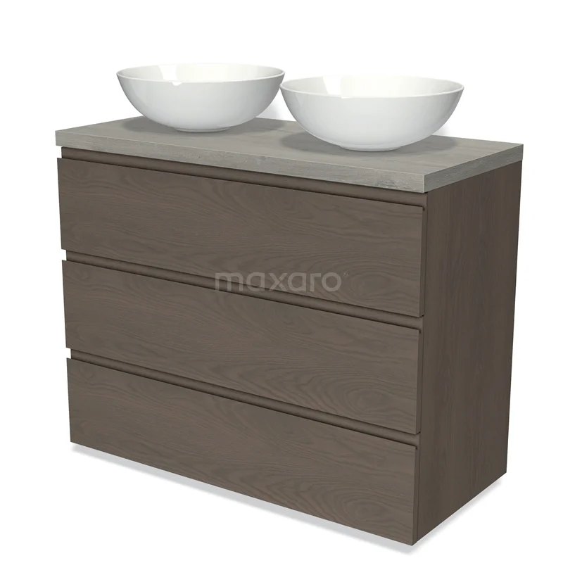 Modulo Plato Vanity units for countertop basin | 100 cm Dark brown oak Handle-less front Grey oak worktop 3 drawers BMK19-01426