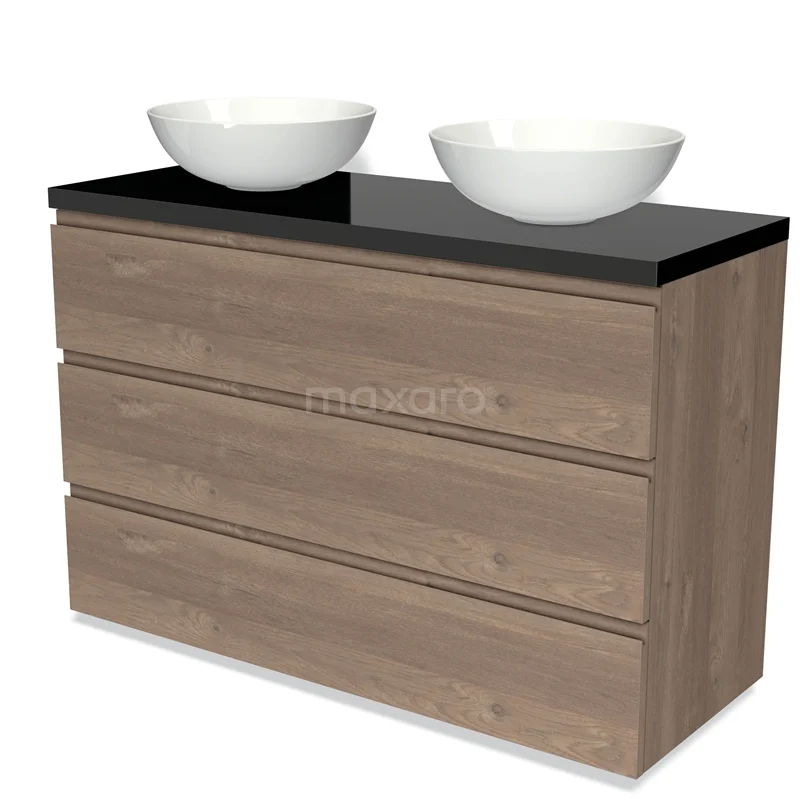 Wooden bathroom unit with black worktop, double white countertop wash basin and three drawers, sleek design for modern bathrooms.