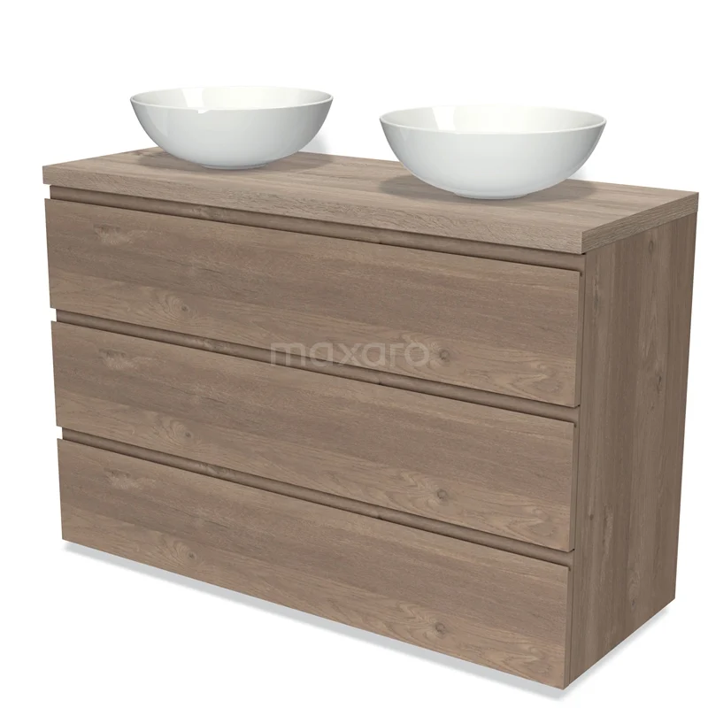 Houten badkamermeubel met dubbele waskom, drie lades en een warme eikenhouten uitstraling, ideaal voor moderne badkamers.
