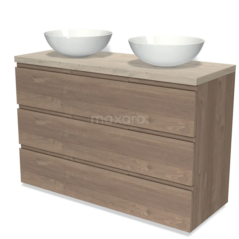 Houten badkamerkast met drie lades, dubbele waskommen en licht eiken afwerking. Moderne stijl, perfect voor badkameropslag.