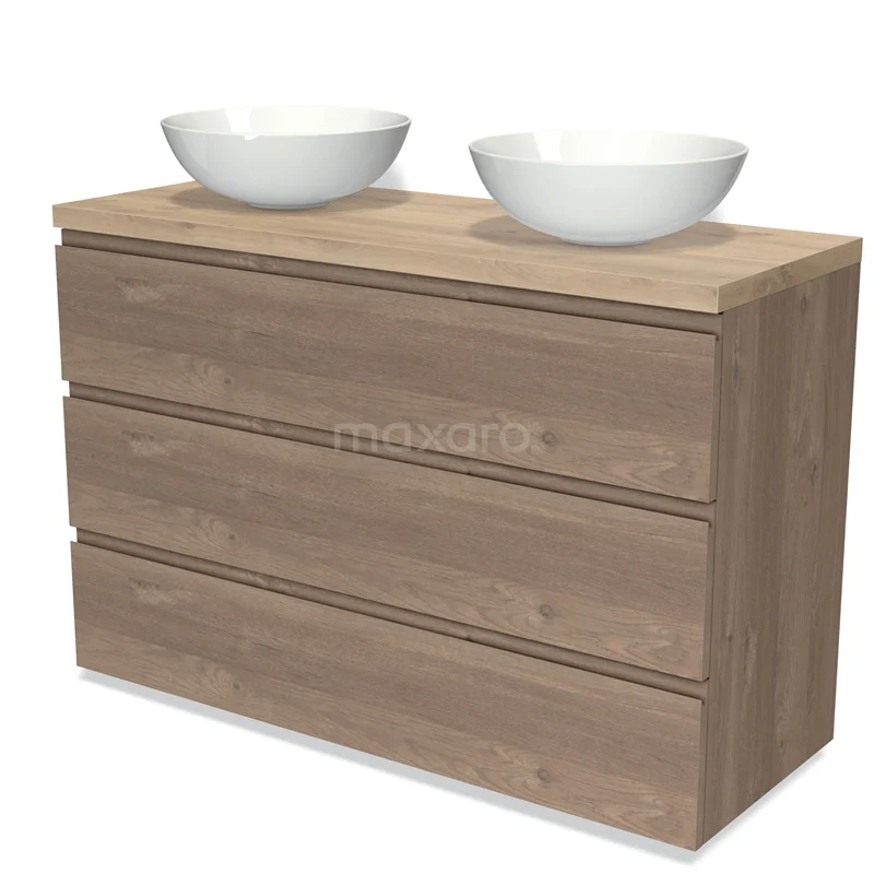 Houten badkamermeubel met drie lades en dubbele witte waskom, ideaal voor stijlvolle en functionele badkamerinrichting.