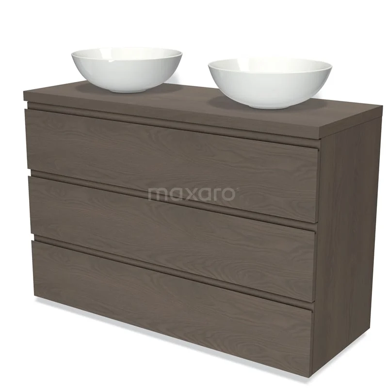 Badmöbel für Aufsatzwaschbecken 120cm Modulo Plato dunkelbraune Eiche 3 Schubladen grifflos BMK19-01467 Holz-Badmöbel mit Doppelwaschbecken, modernes Design, drei Schubladen, in dunkelbrauner Eiche-Ausführung.