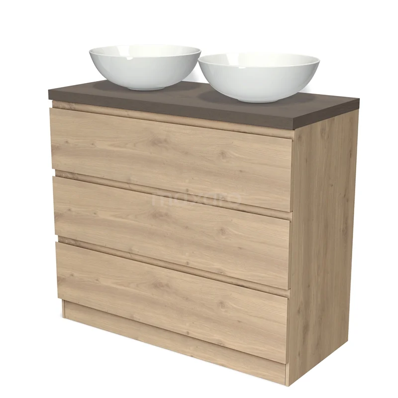 Badmöbel für Aufsatzwaschbecken 100cm Modulo Plato hellbraune Eiche 3 Schubladen grifflos dunkelbraune Eiche Platte BMK19S-00361 Holz-Badschrank mit vier Schubladen, dunkler Platte und zwei weißen Aufsatzwaschbecken, ideal für moderne Bäder.