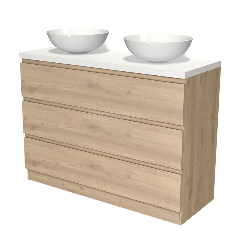 Wooden bathroom unit with double white vanity units for countertop wash basins, modern design and four drawers for stylish and practical storage.