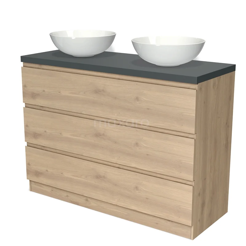 Wooden bathroom unit with four drawers, black top plate and two white vanity units for countertop wash basins for stylish bathroom design.