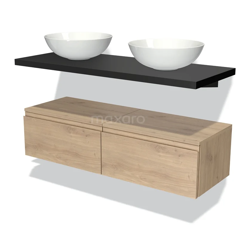 Bathroom furniture set with wooden base cabinet, black worktop and two round basins in white, modern design for stylish bathrooms.