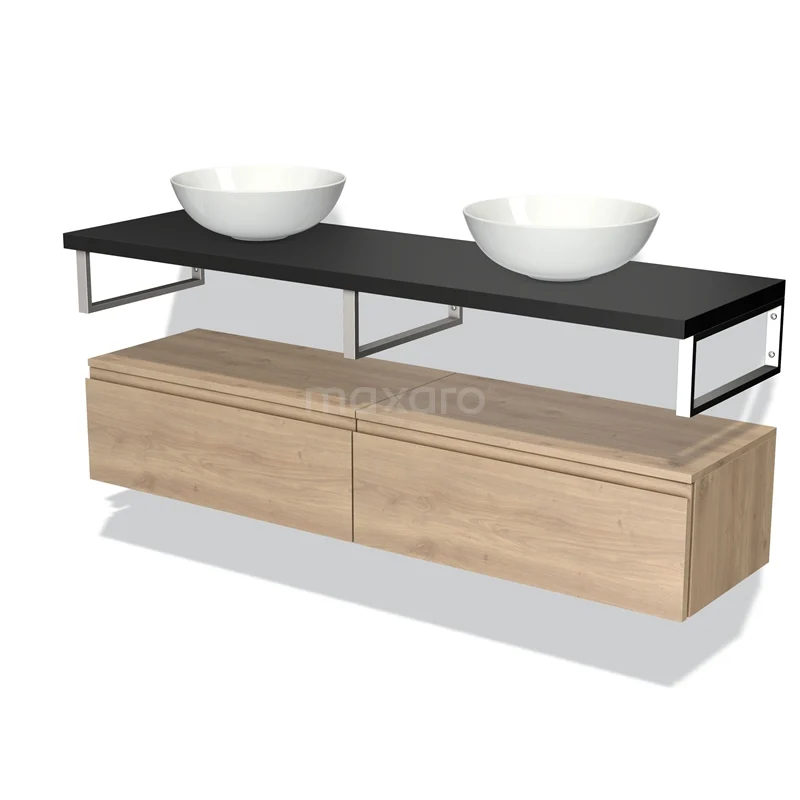 Badmöbel für Aufsatzwaschbecken 160 cm Modulo Plato Hellbraune Eiche 2 Schubladen Grifflos Matt Schwarz Platte BMK32-00176 Hölzernes Badezimmermöbel mit schwarzer Platte, zwei weißen Aufsatzwaschbecken, modernem Design und Schubladen für ein stilvolles Badezimmer.