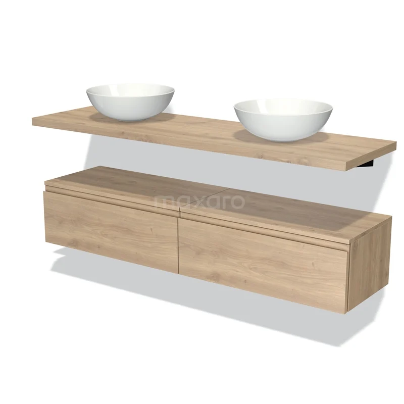 Badmöbel mit Konsole 160 cm Modulo Plato Hellbraune Eiche 2 Schubladen Grifflos BMK32-00179 Holz-Badmöbel mit doppeltem Aufsatzwaschbecken, hängendes Design, schlankes zeitgenössisches Modell, ideal für moderne Bäder.