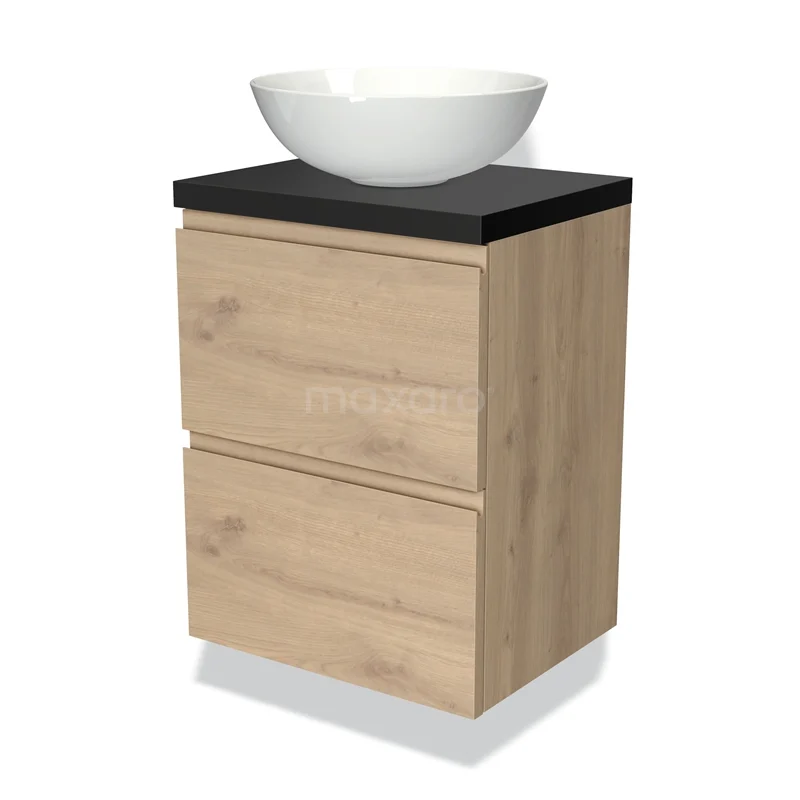 Modulo Plato Slim Vanity units for countertop basin | 50 cm Light brown oak Handle-less front Matte black worktop 2 Stacked drawers BMK37-02241