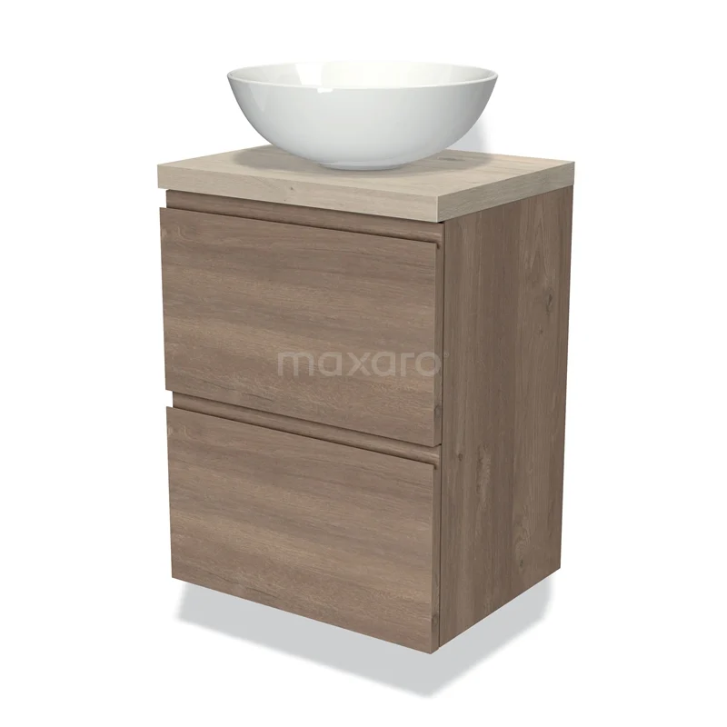 Badmöbel mit Konsole 50cm Modulo Plato Slim mittelbraune Eiche 2 Schubladen grifflos BMK37-02262 Holz-Badmöbel mit Waschbecken, kompaktes Design, 2 Schubladen und natürliche Oberfläche, perfekt für moderne Bäder.