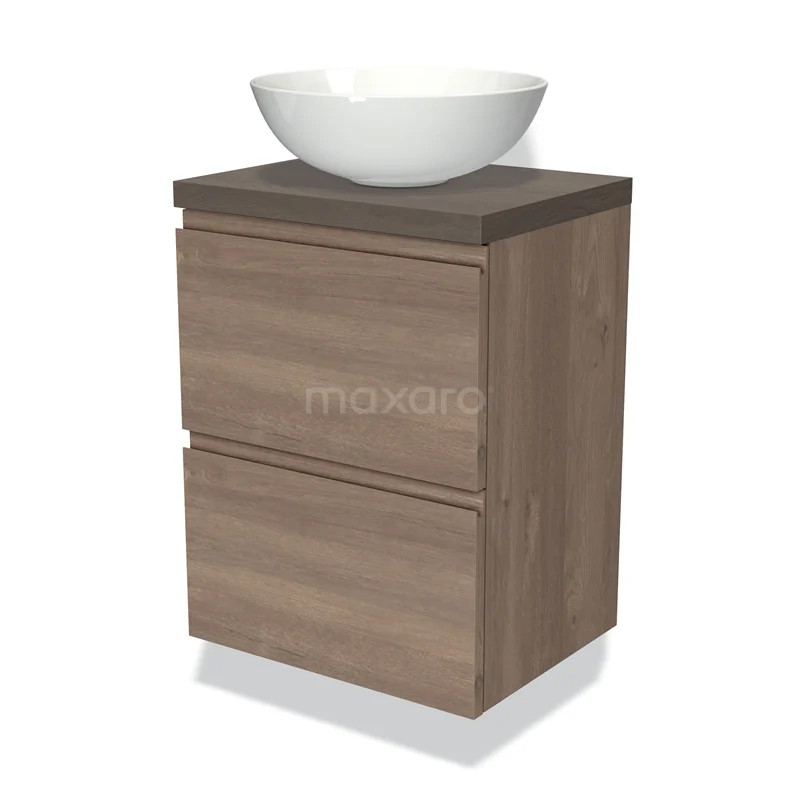 Modulo Plato Slim Vanity units for countertop basin | 50 cm Mid brown oak Handle-less front Dark brown oak worktop 2 Stacked drawers BMK37-02265