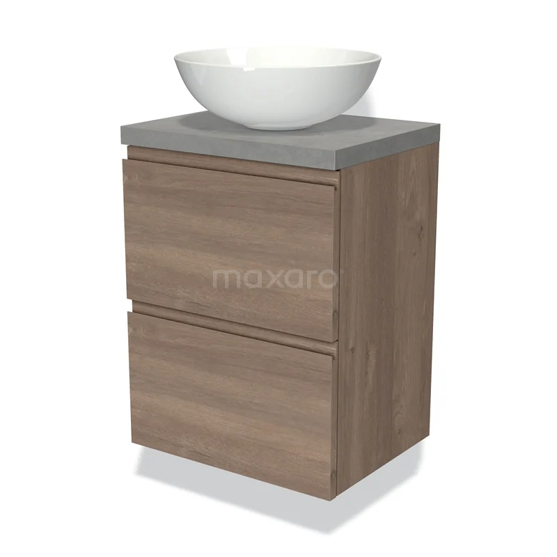 Modulo Plato Slim Vanity units for countertop basin | 50 cm Mid brown oak Handle-less front Light grey concrete worktop 2 Stacked drawers BMK37-02267
