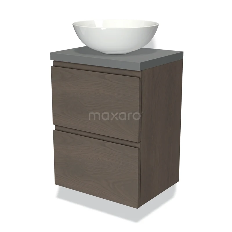 Badmöbel mit Konsole 50cm Modulo Plato Slim dunkelbraune Eiche 2 Schubladen grifflos BMK37-02270 Hölzernes Badezimmermöbel mit zwei Schubladen, grauer Platte und weißem rundem Waschbecken; ideal für moderne Badezimmer.