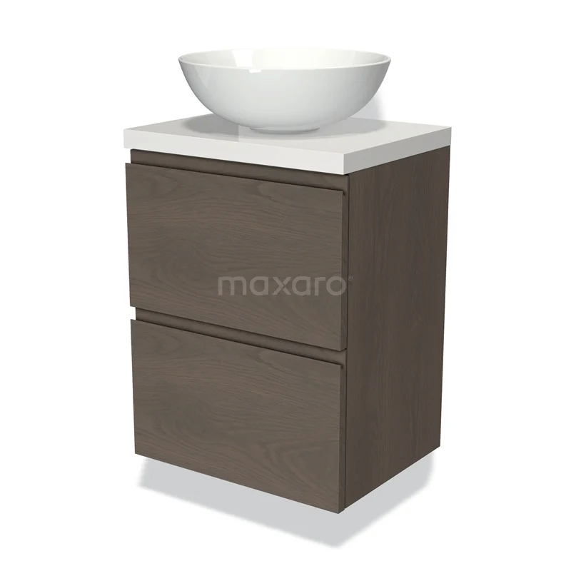 Badmöbel mit Konsole 50cm Modulo Plato Slim dunkelbraune Eiche 2 Schubladen grifflos BMK37-02271 Braunes Holz-Badmöbel mit weißem Aufsatzwaschbecken, modernes Design, ideal für kleine Bäder.