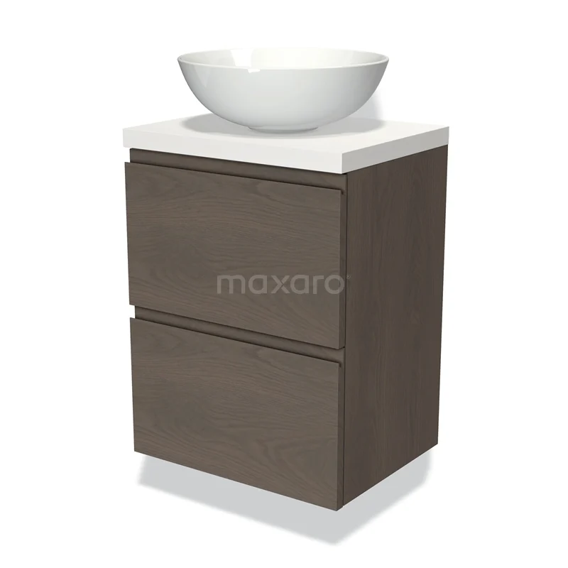 Badmöbel mit Konsole 50cm Modulo Plato Slim dunkelbraune Eiche 2 Schubladen grifflos BMK37-02272 Brauner Waschbeckenunterschrank mit weißem Aufsatzwaschbecken, 2 Schubladen und modernem Design, ideal für stilvolle Badezimmergestaltung.