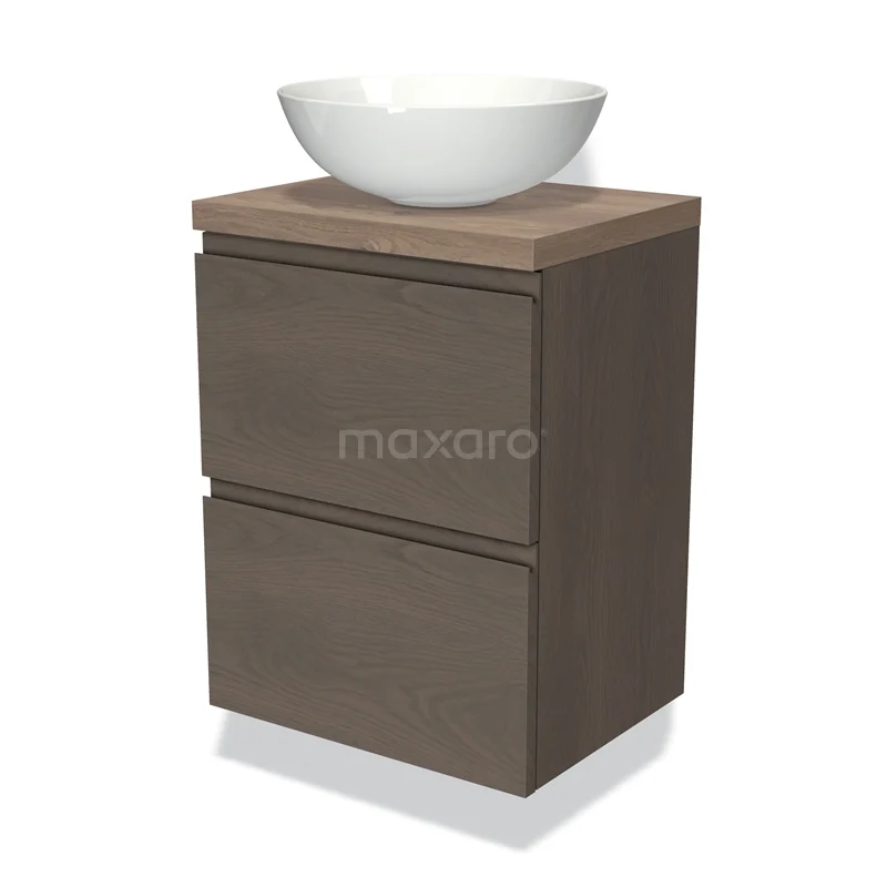 Badmöbel mit Konsole 50cm Modulo Plato Slim dunkelbraune Eiche 2 Schubladen grifflos BMK37-02278 Holz Badezimmermöbel mit zwei Schubladen und weißem Aufsatzwaschbecken, ideal für stilvolle Badezimmerlagerung und eine moderne Einrichtung.