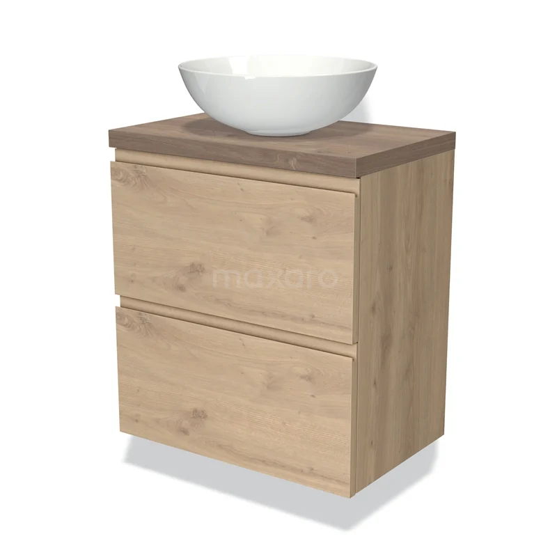 Badmöbel mit Konsole 60cm Modulo Plato Slim Hellbraune Eiche 2 Schubladen Grifflos BMK37-02292 Holz-Badmöbel mit zwei Schubladen und weißem runden Aufsatzwaschbecken, ideal für eine stilvolle und praktische Badezimmergestaltung.