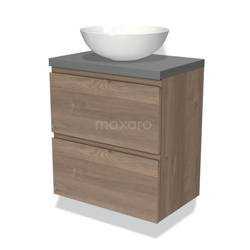 Modulo Plato Slim Vanity units for countertop basin | 60 cm Mid brown oak Handle-less front Mid grey worktop 2 Stacked drawers BMK37-02298