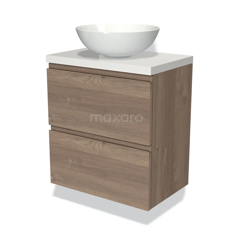 Modulo Plato Slim Badmöbel mit Aufsatzwaschbecken | 60 cm Mittelbraune Eiche Grifflos front Hochglanz Weiß blatt 2 übereinanderliegende Schubladen BMK37-02299 Holz Badezimmermöbel mit einem weißen Aufsatzwaschbecken, modernes Design, zwei Schubladen und hochwertiger Verarbeitung in Eichelook.