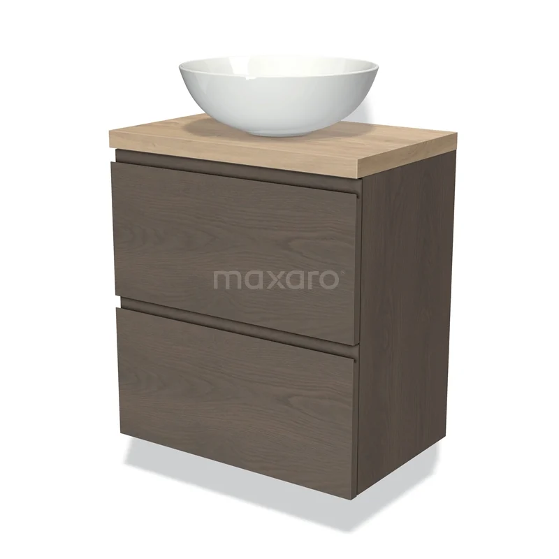 Modulo Plato Slim Vanity units for countertop basin | 60 cm Dark brown oak Handle-less front Light brown oak worktop 2 Stacked drawers BMK37-02319