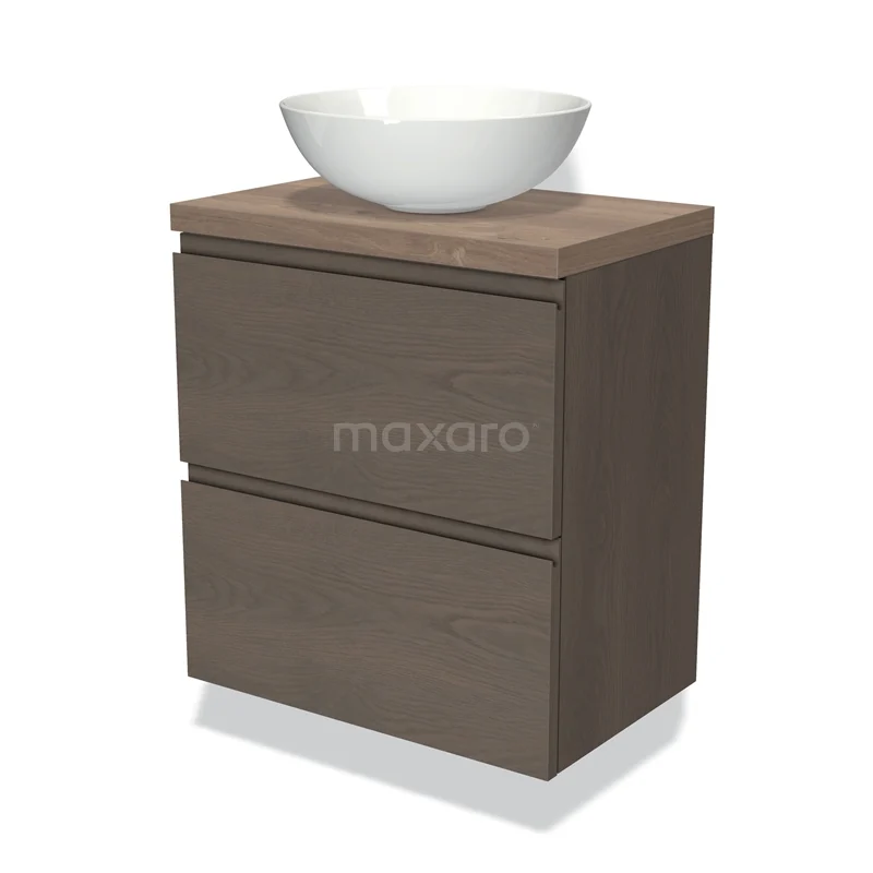 Modulo Plato Slim Vanity units for countertop basin | 60 cm Dark brown oak Handle-less front Mid brown oak worktop 2 Stacked drawers BMK37-02320