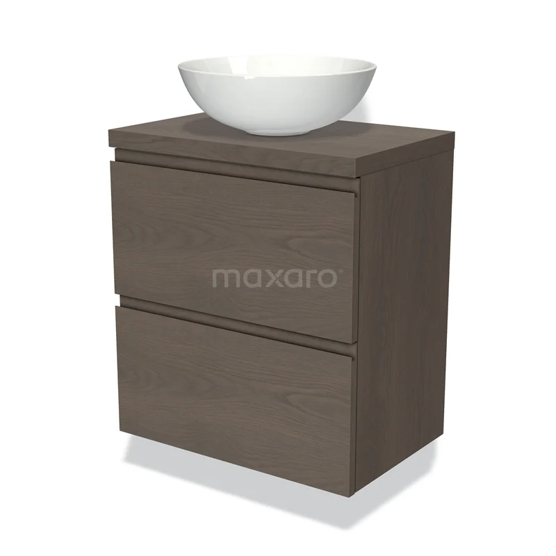 Modulo Plato Slim Vanity units for countertop basin | 60 cm Dark brown oak Handle-less front Dark brown oak worktop 2 Stacked drawers BMK37-02321