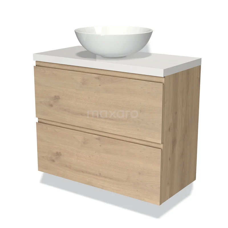 Badmöbel mit Konsole 80cm Modulo Plato Slim Hellbraune Eiche 2 Schubladen Grifflos BMK37-02327 Holz Badezimmermöbel mit Naturlook, weißen Aufsatzwaschbecken und Softclose Schubladen, ideal für einen modernen Stil.