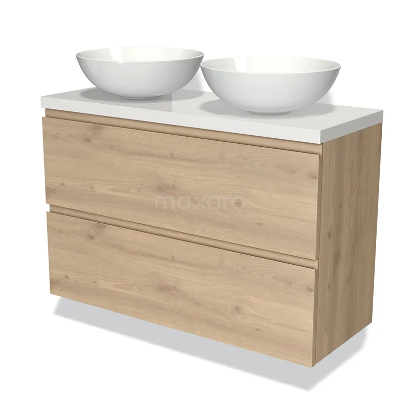 Badmöbel mit Konsole 100cm Modulo Plato Slim Hellbraune Eiche 2 Schubladen Grifflos BMK37-02369 Holz Badezimmermöbel mit zwei runden weißen Aufsatzwaschbecken, modernes Design, ideal für eine stilvolle und praktische Badezimmeranordnung.