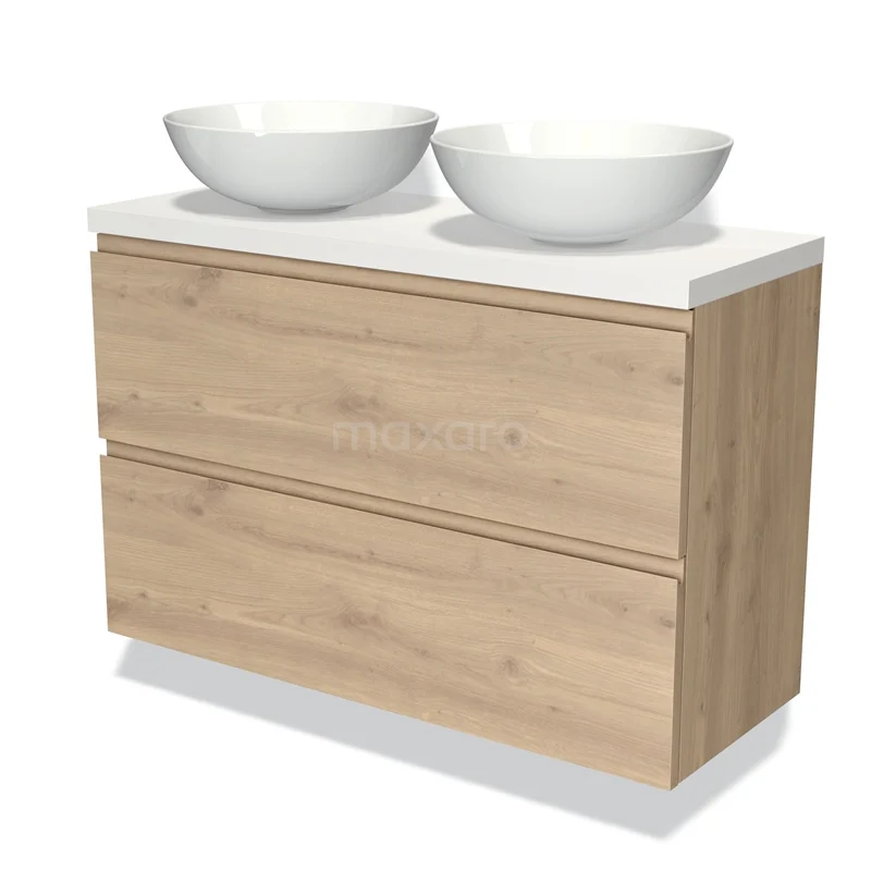 Modulo Plato Slim Vanity units for countertop basin | 100 cm Light brown oak Handle-less front Matte white worktop 2 Stacked drawers BMK37-02370