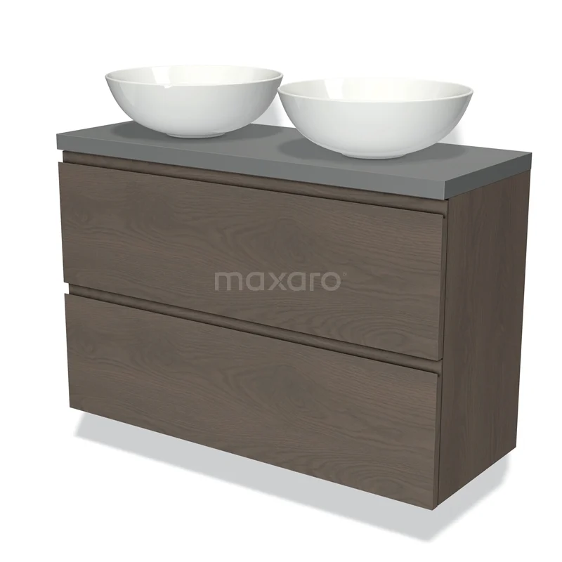 Modulo Plato Slim Vanity units for countertop basin | 100 cm Dark brown oak Handle-less front Mid grey worktop 2 Stacked drawers BMK37-02396